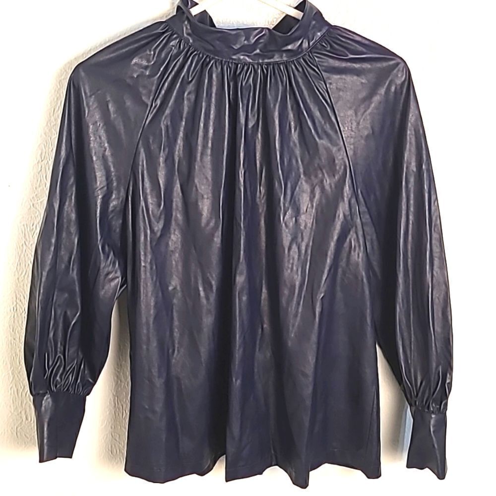 Rachel Comey Faux Leather Navy Blue Top, Buttondown in Back w/Tie, Sz Medium,NWT - Picture 4 of 13
